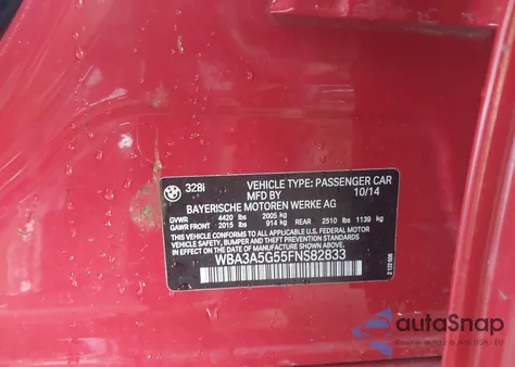 2015 BMW 328I from USA, damaged, VIN WBA3A5G55FNS82833